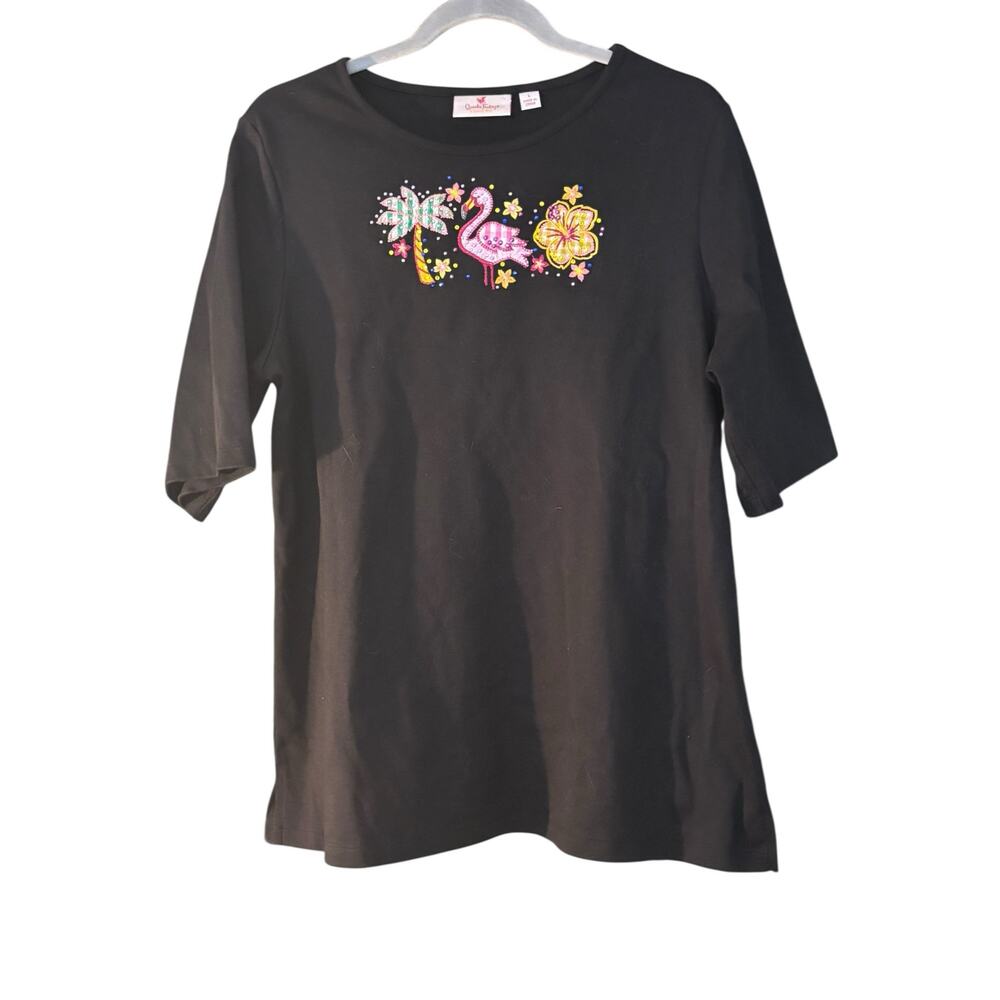 Quacker Factory Beachy T-Shirt Black L Cotton Blend Palm Tree Flamingo Sequins